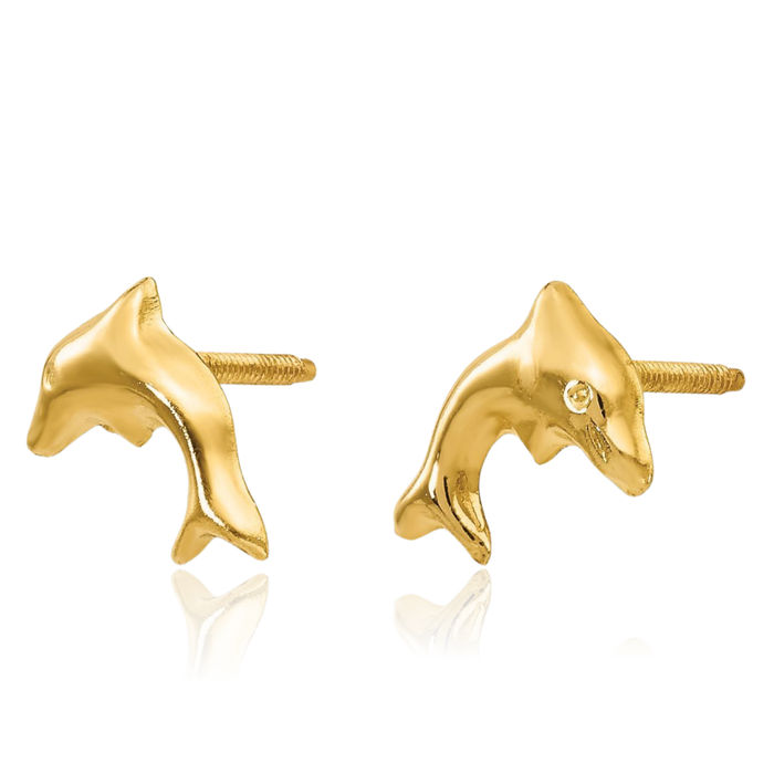 14K Solid Yellow Gold Sea Dolphin Ocean Fish Beach Nautical Stud Earrings