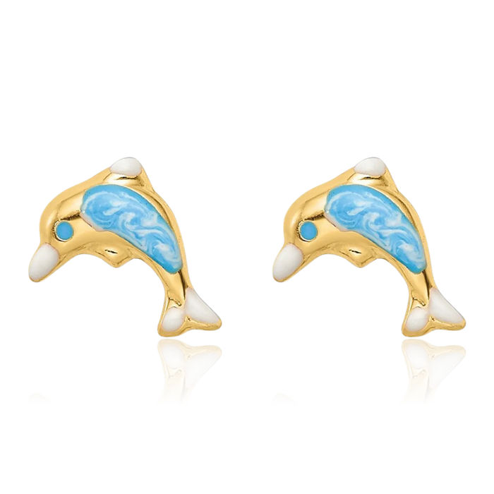 14K Solid Yellow Gold Sea Dolphin Ocean Fish Beach Nautical Stud Earrings