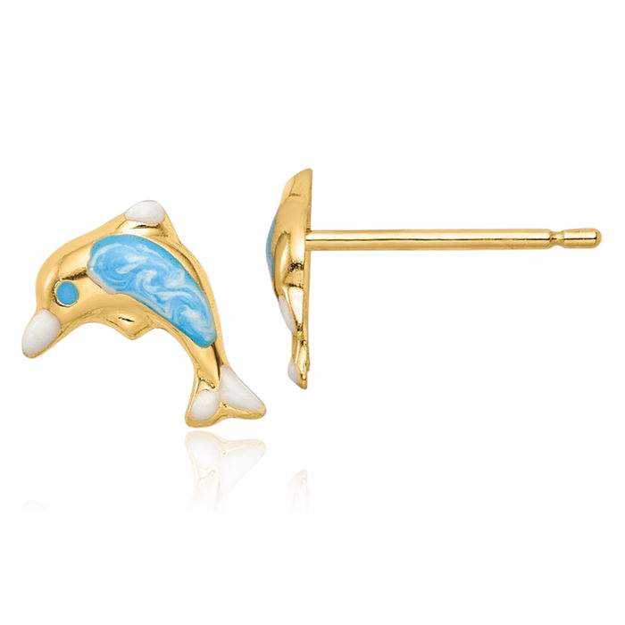 14K Solid Yellow Gold Sea Dolphin Ocean Fish Beach Nautical Stud Earrings