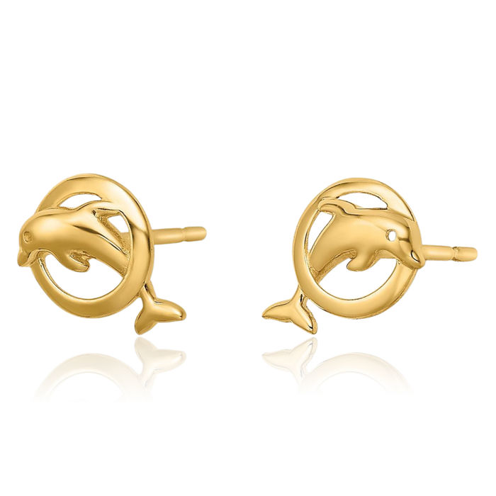 14K Solid Yellow Gold Sea Dolphin Ocean Fish Beach Nautical Stud Earrings