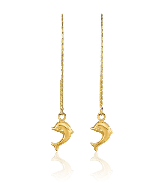 14K Solid Yellow Gold Sea Dolphin Ocean Fish Beach Nautical Threader Drop Dangle Earrings