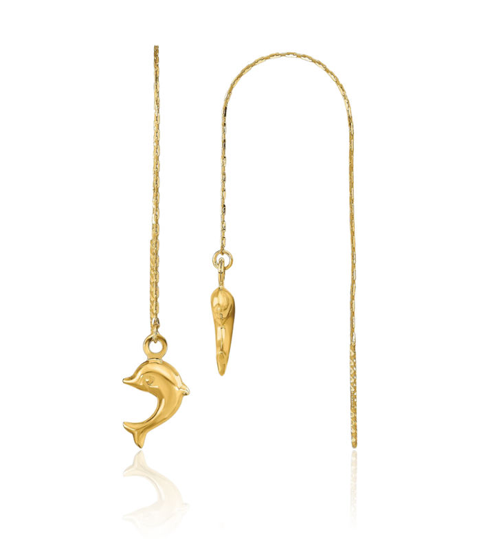 14K Solid Yellow Gold Sea Dolphin Ocean Fish Beach Nautical Threader Drop Dangle Earrings