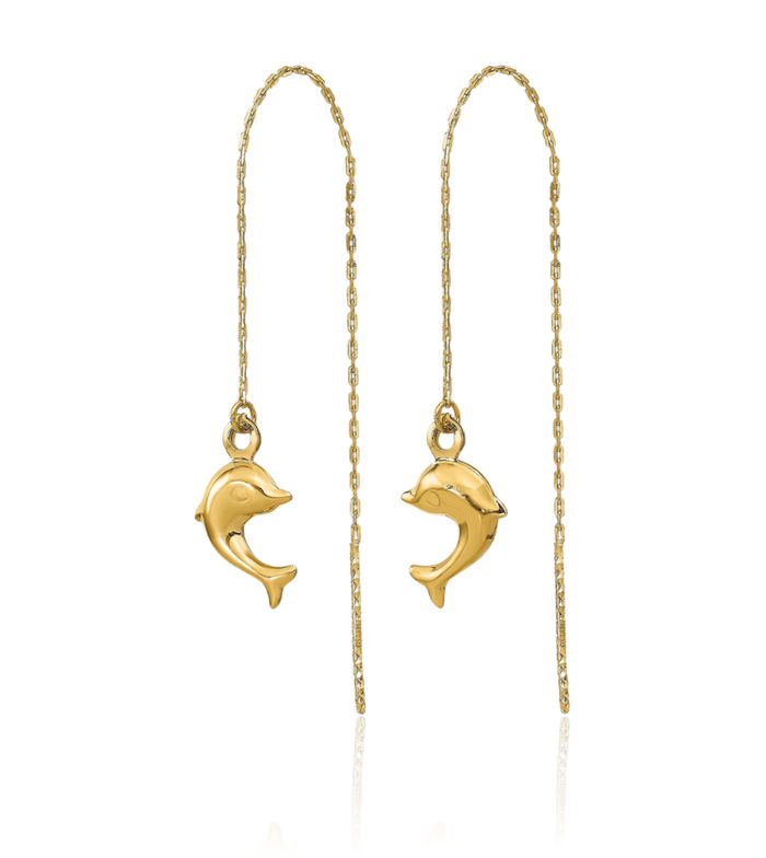 14K Solid Yellow Gold Sea Dolphin Ocean Fish Beach Nautical Threader Drop Dangle Earrings