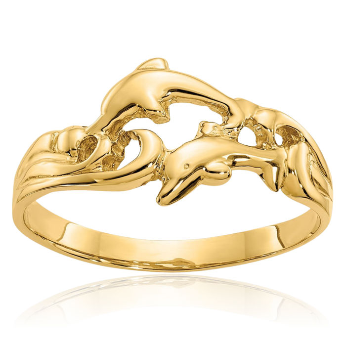 14K Solid Yellow Gold Sea Dolphin Ocean Fish Beach Nautical Waves Ring