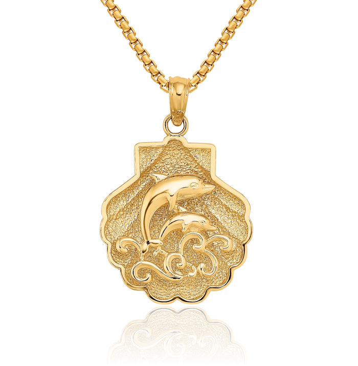 14K Solid Yellow Gold Sea Dolphin Ocean Fish Beach Nautical Waves Shell Necklace Chain Pendant Charm