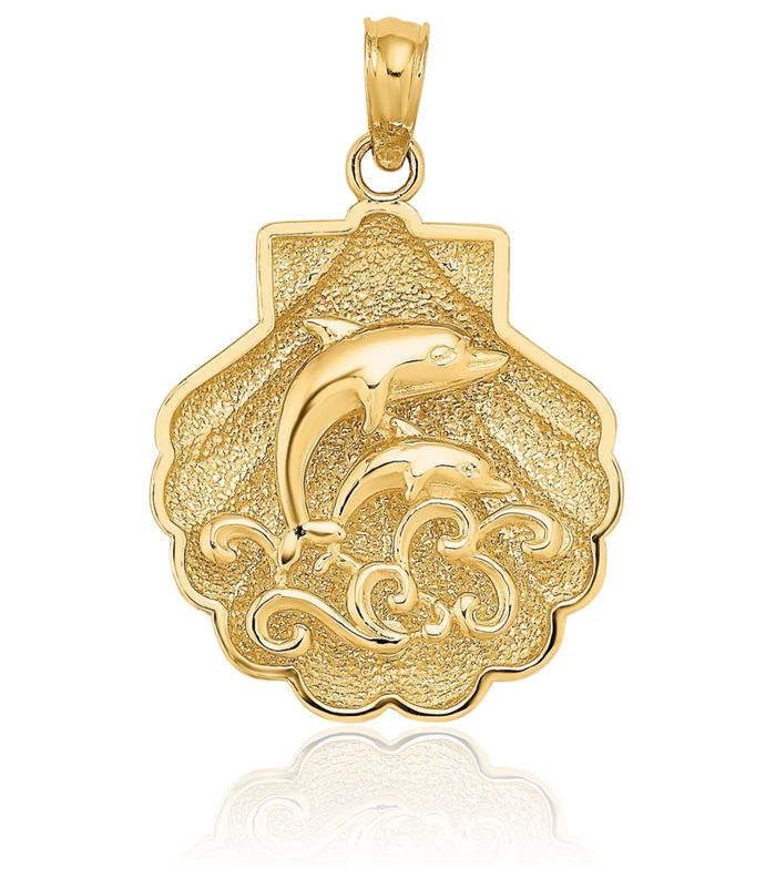 14K Solid Yellow Gold Sea Dolphin Ocean Fish Beach Nautical Waves Shell Necklace Chain Pendant Charm