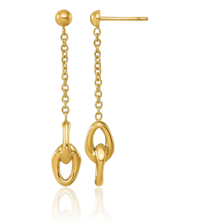 14K Solid Yellow Gold Double Chain Link Post Drop Dangle Earrings