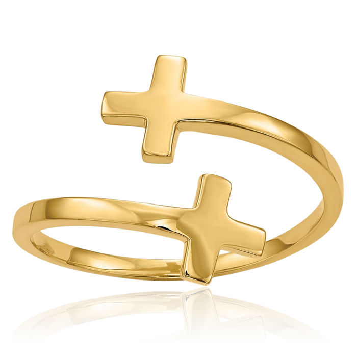 14K Solid Yellow Gold Double Holy Cross Ring Christian Religious Band