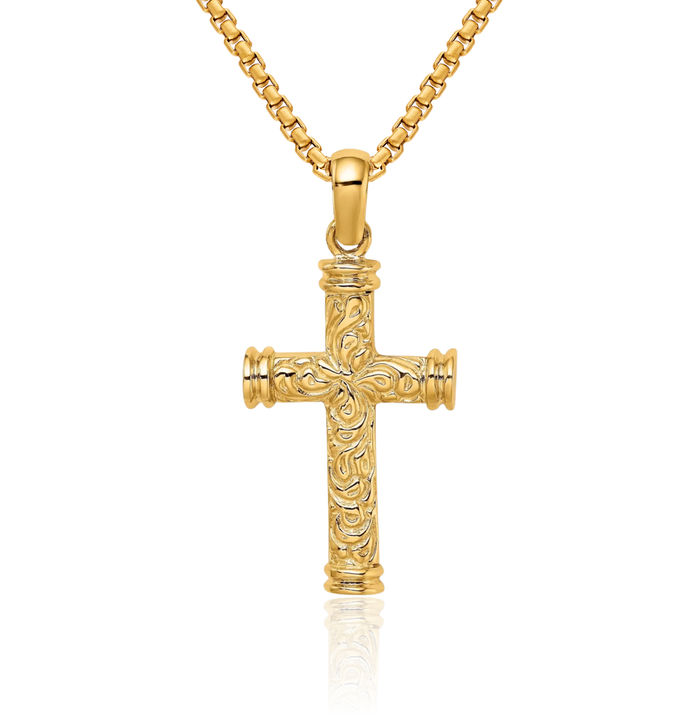 14K Solid Yellow Gold Double Endcaps Holy Cross Necklace Religious Chain Pendant Jesus Christ Charm