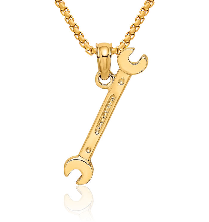 14K Solid Yellow Gold Double Ended Wrench Necklace Mechanic Chain Pendant Charm