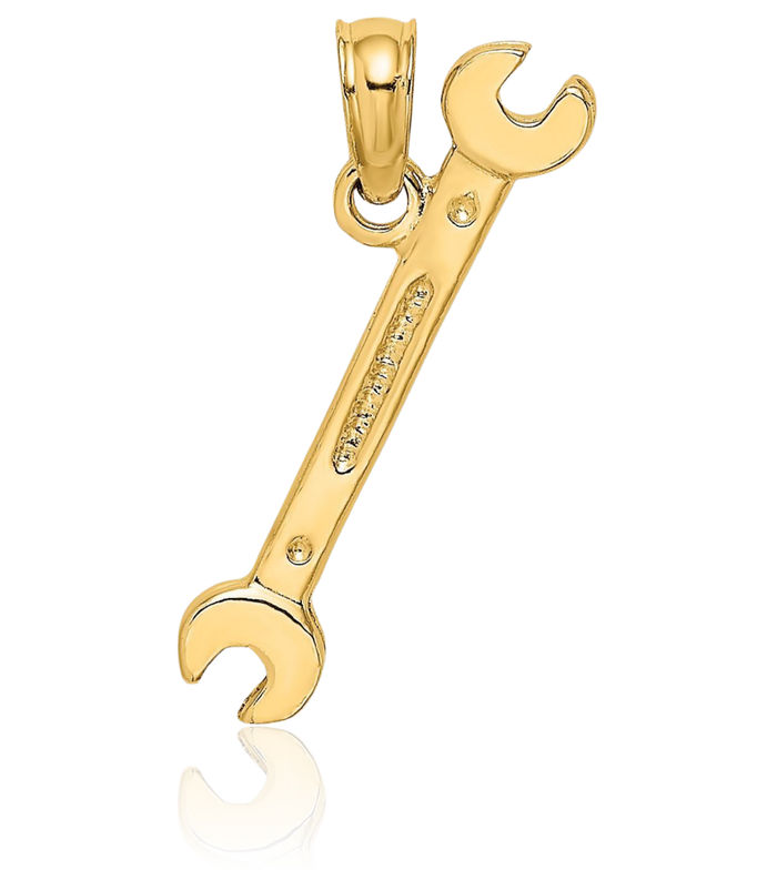 14K Solid Yellow Gold Double Ended Wrench Necklace Mechanic Chain Pendant Charm