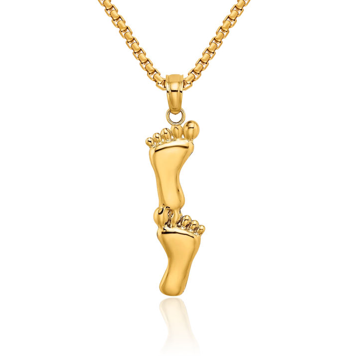 14K Solid Yellow Gold Double Feet Necklace Chain Pendant Charm