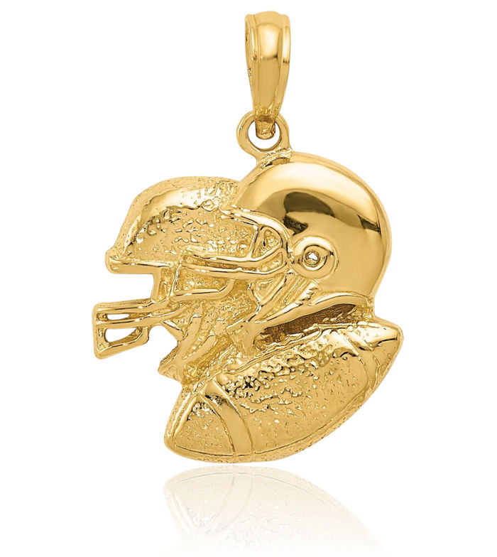 14K Solid Yellow Gold Double Football Helmets Ball Necklace Charm Sports Pendant