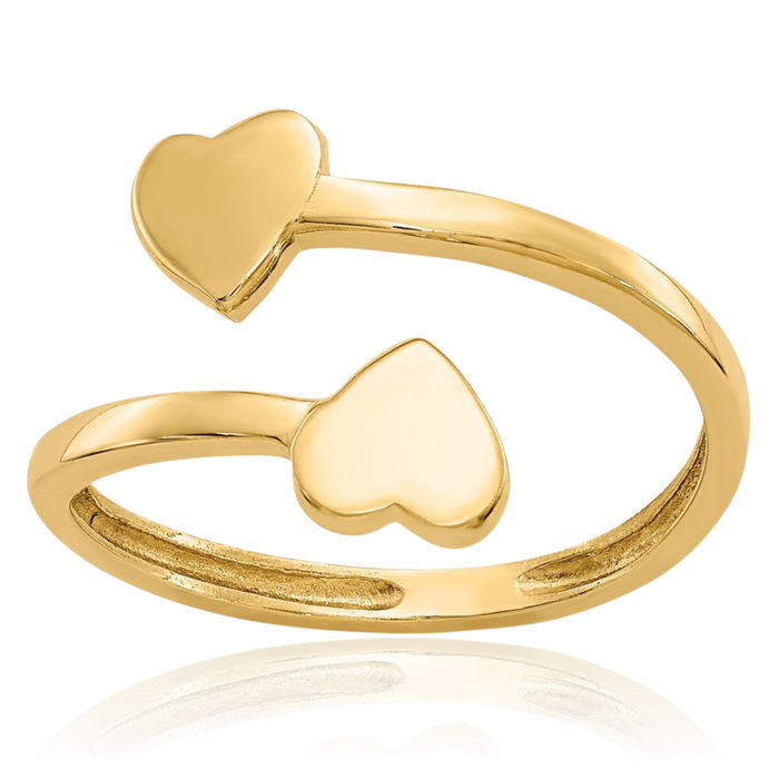 14K Solid Yellow Gold Double Heart Adjustable Toe Ring Open Midi Band Summer Beach Jewelry