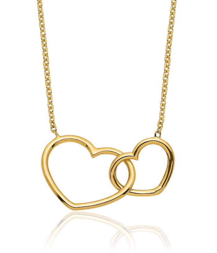 14K Solid Yellow Gold Double Heart Chain Necklace