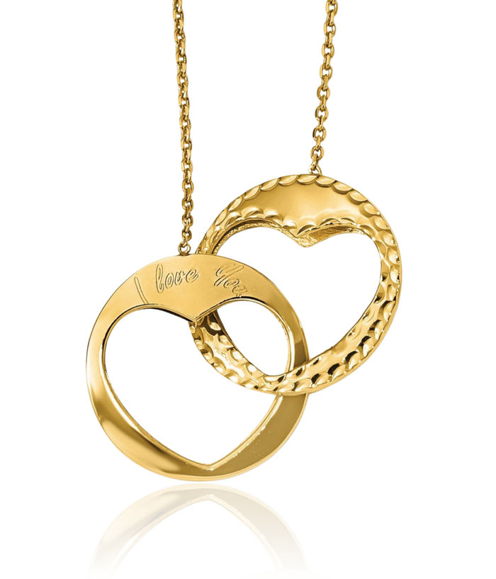 14K Solid Yellow Gold Double Heart I Love You Necklace Chain