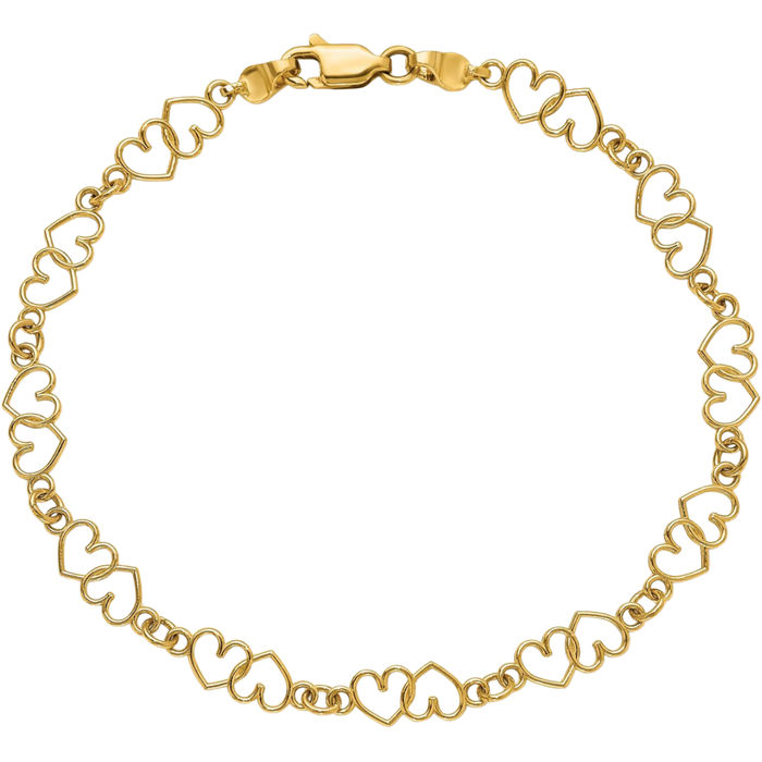 14K Solid Yellow Gold Double Heart Link Chain Charm Bracelet