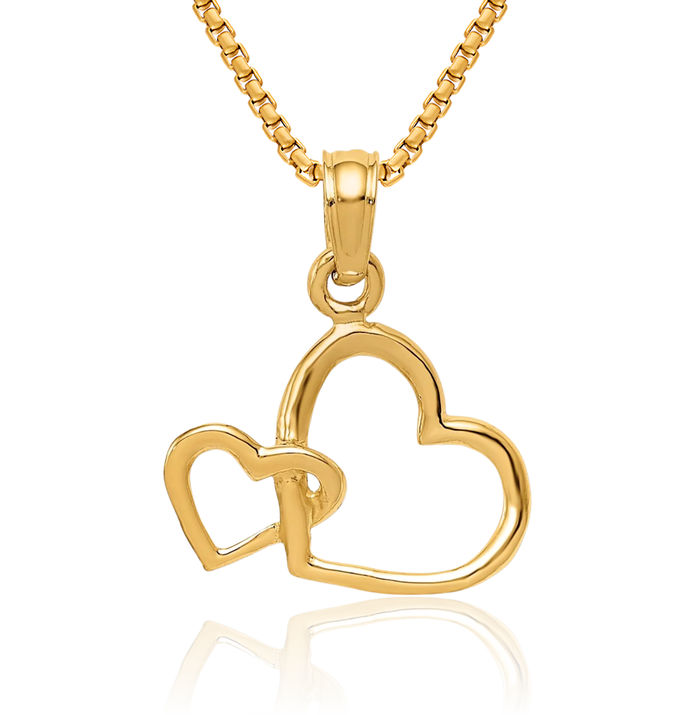 14K Solid Yellow Gold Double Heart Necklace Love Pendant Charm