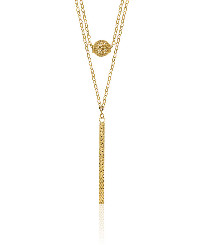 14K Solid Yellow Gold Double Layering Bead Bar Necklace Chain