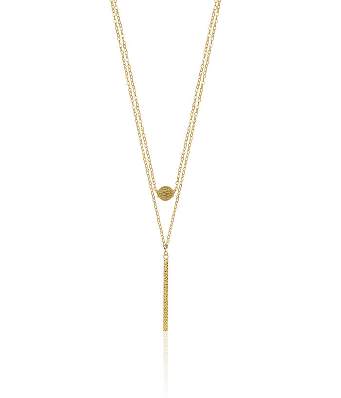 14K Solid Yellow Gold Double Layering Bead Bar Necklace Chain