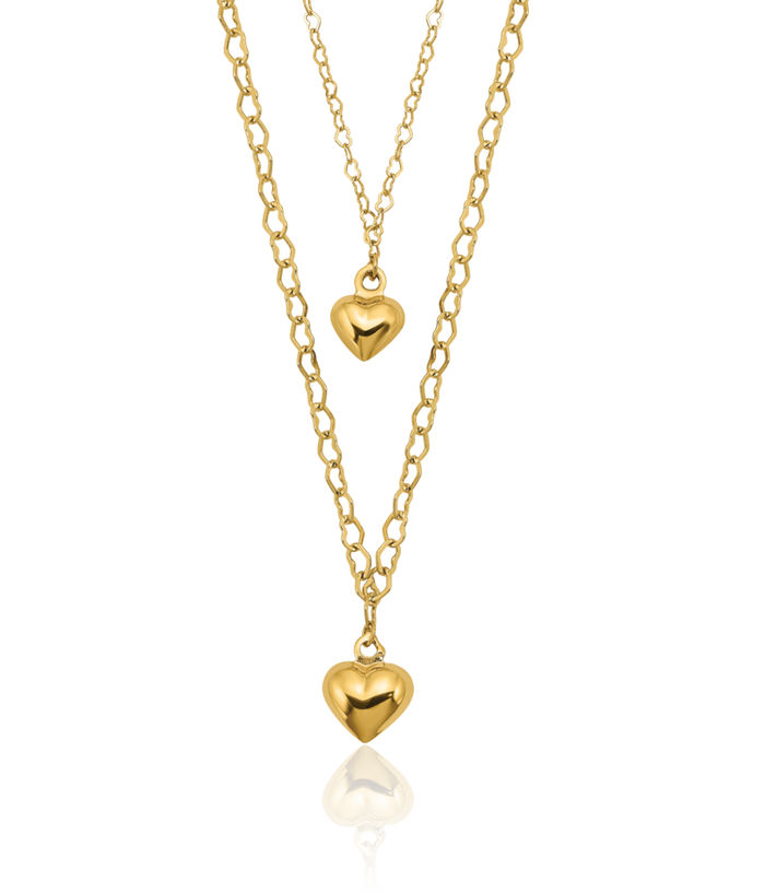 14K Solid Yellow Gold Double Layering Heart Link Necklace Love Pendant Friendship Charm Chain