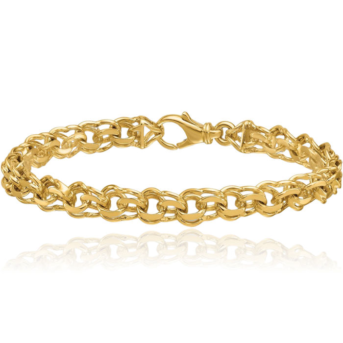 14K Solid Yellow Gold Double Link 7.4mm Charm Bracelet