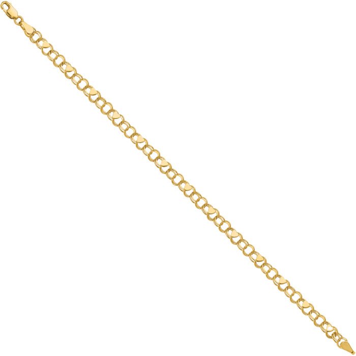 14K Solid Yellow Gold Double Link Heart Charm Bracelet