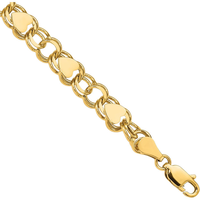 14K Solid Yellow Gold Double Link Heart Charm Bracelet