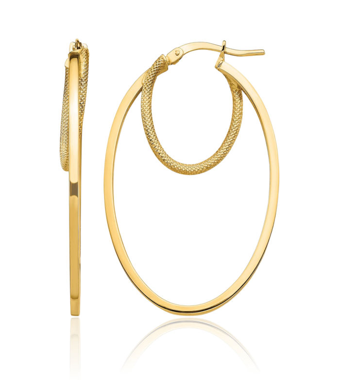 14K Solid Yellow Gold Double Oval Large Hoop Earrings