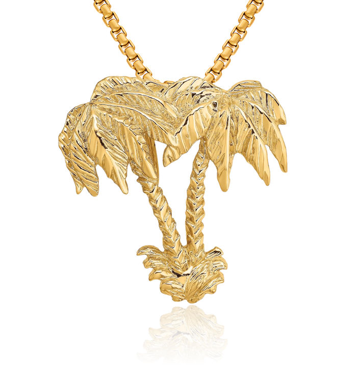 14K Solid Yellow Gold Double Palm Tree Slide Necklace Summer Beach Pendant Tropical Charm