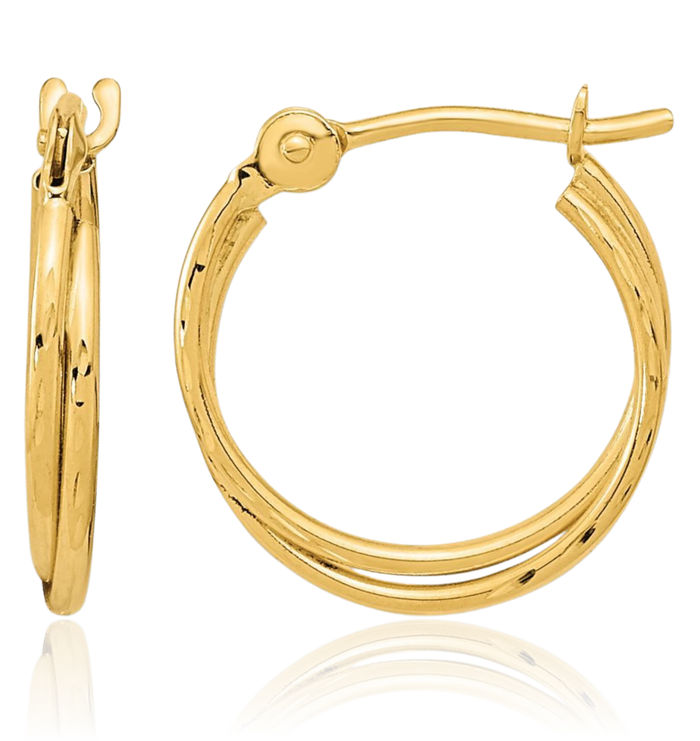 14K Solid Yellow Gold Double Round Huggie Small Hoop Earrings