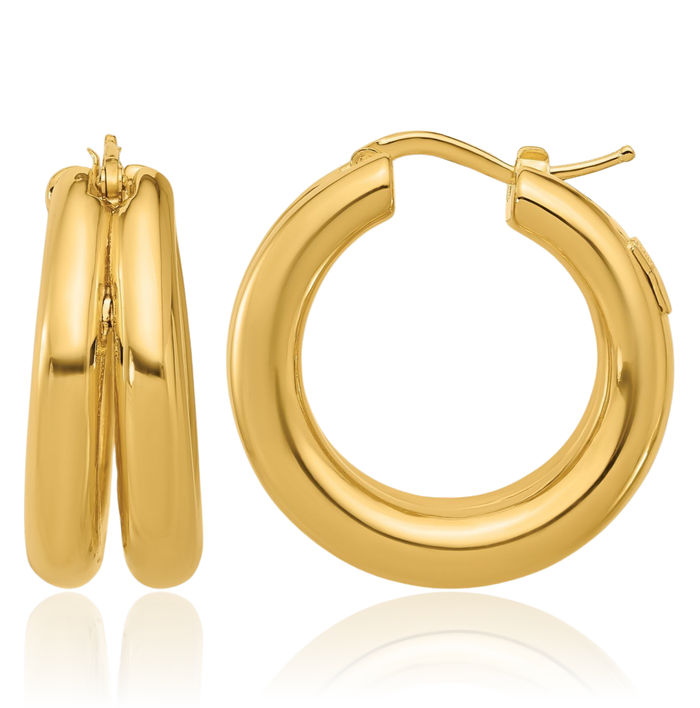 14K Solid Yellow Gold Double Round Medium Hoop Earrings