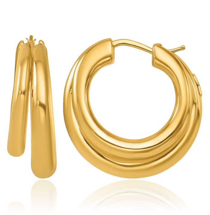 14K Solid Yellow Gold Double Round Medium Hoop Earrings