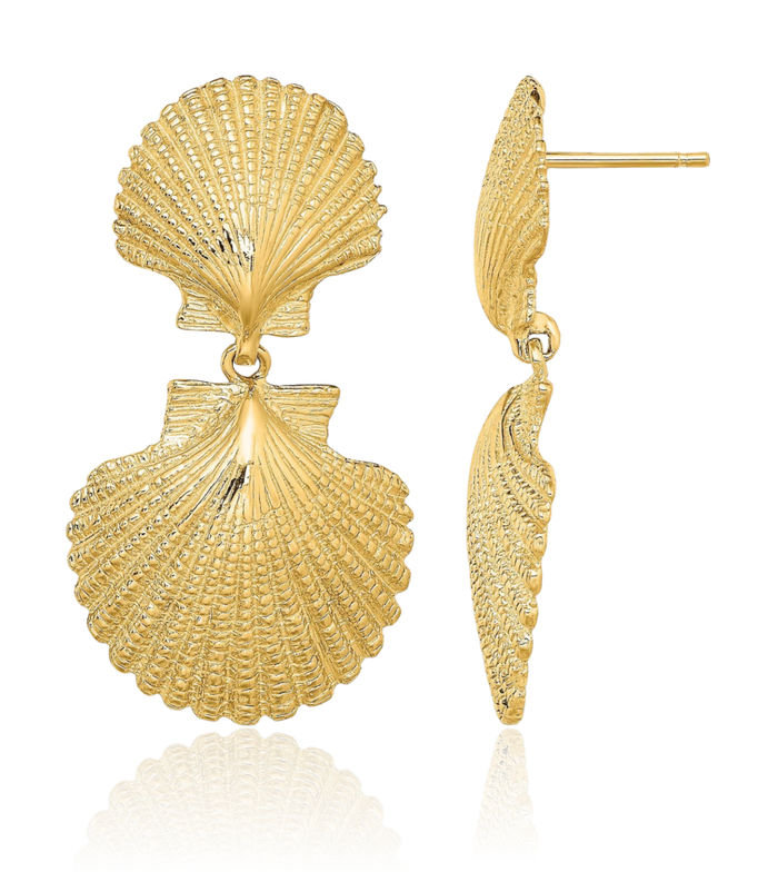 14K Solid Yellow Gold Double Scallop Drop Dangle Earrings