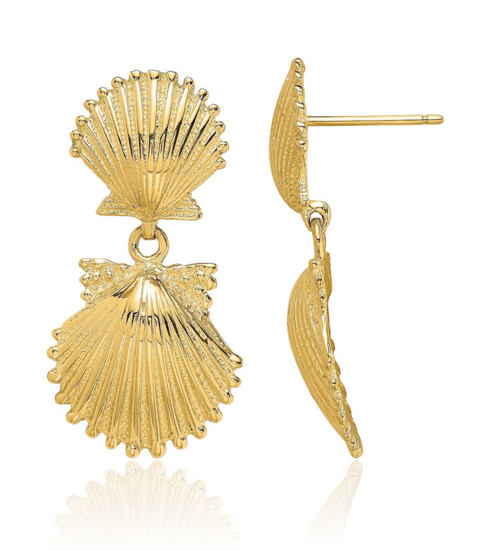 14K Solid Yellow Gold Double Scallop Shell Drop Dangle Earrings
