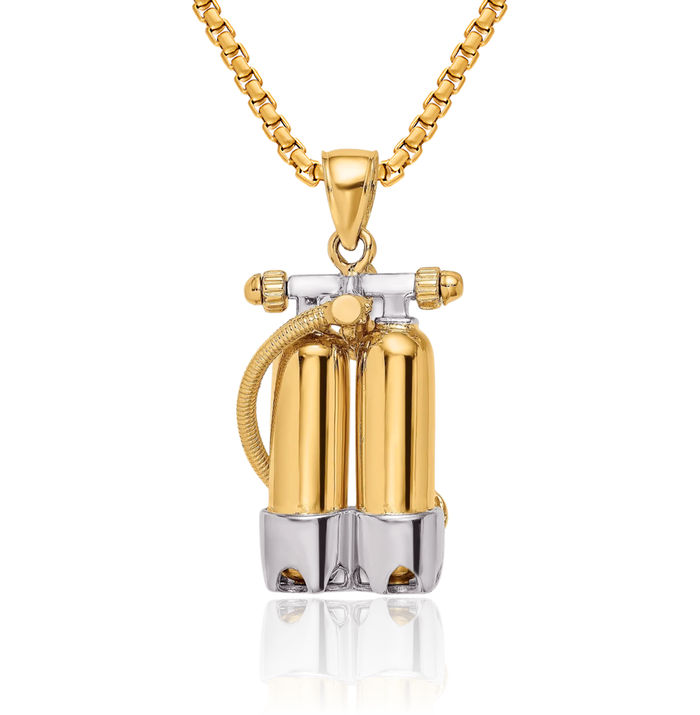 14K Solid Yellow Gold Double Scuba Tanks Air Hose Necklace Chain Pendant Charm