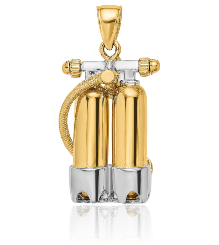 14K Solid Yellow Gold Double Scuba Tanks Air Hose Necklace Chain Pendant Charm