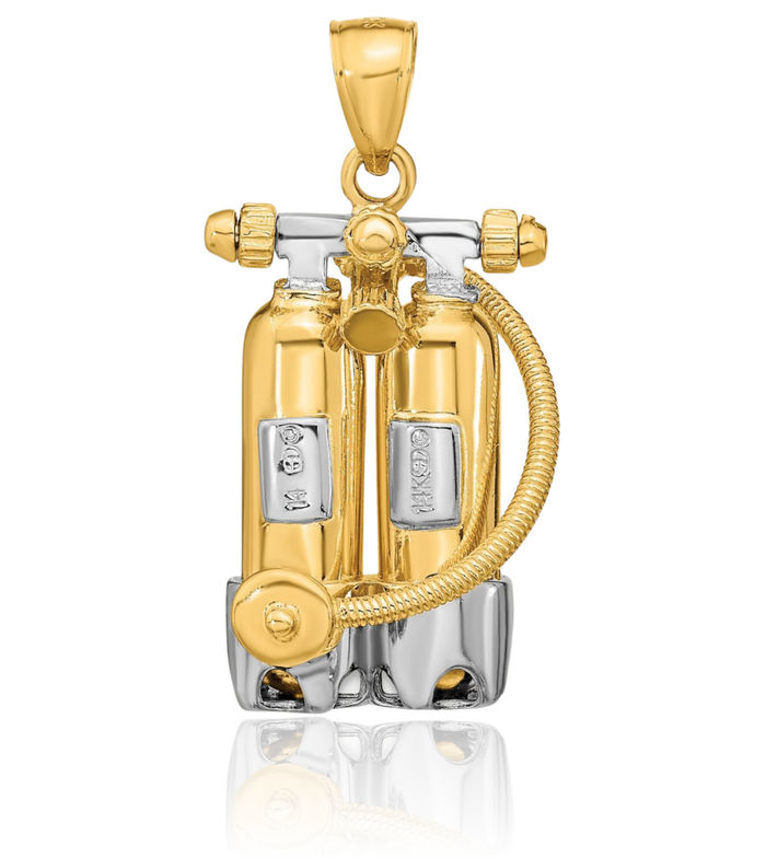 14K Solid Yellow Gold Double Scuba Tanks Air Hose Necklace Chain Pendant Charm