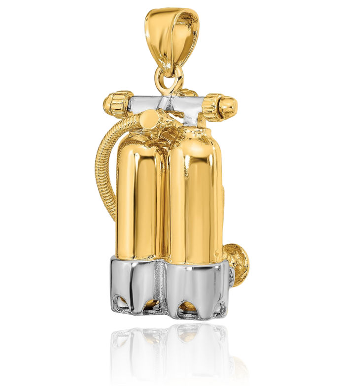 14K Solid Yellow Gold Double Scuba Tanks Air Hose Necklace Chain Pendant Charm