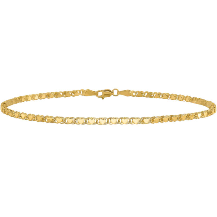 14K Solid Yellow Gold Double Sided Heart Chain Charm Bracelet