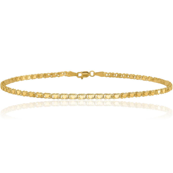 14K Solid Yellow Gold Double Sided Heart Chain Charm Bracelet