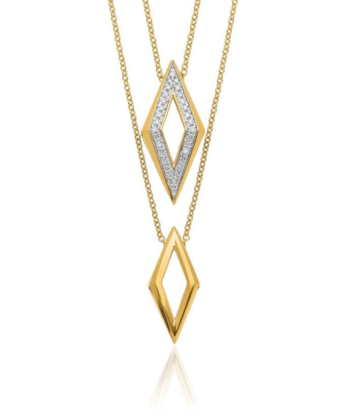 14K Solid Yellow Gold Double Strand Diamond Geometric Layering Necklace Chain