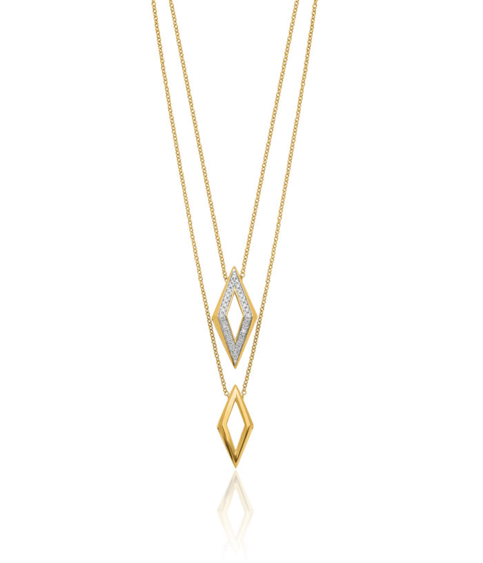 14K Solid Yellow Gold Double Strand Diamond Geometric Layering Necklace Chain