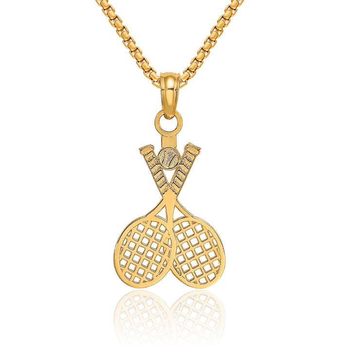 14K Solid Yellow Gold Double Tennis Racket Ball Necklace Charm Sports Pendant