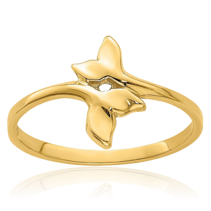 14K Solid Yellow Gold Double Whale Tail Fish Mermaid Ring