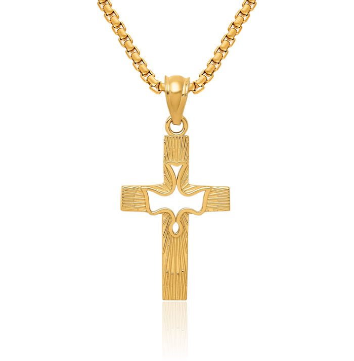 14K Solid Yellow Gold Dove Symbol Peace Love Holy Spirit Cross Necklace Religious Chain Pendant Jesus Christ Charm