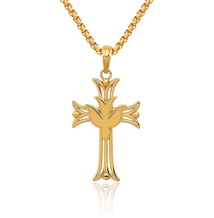 14K Solid Yellow Gold Dove Symbol Peace Love Holy Spirit Cross Necklace Religious Chain Pendant Jesus Christ Charm