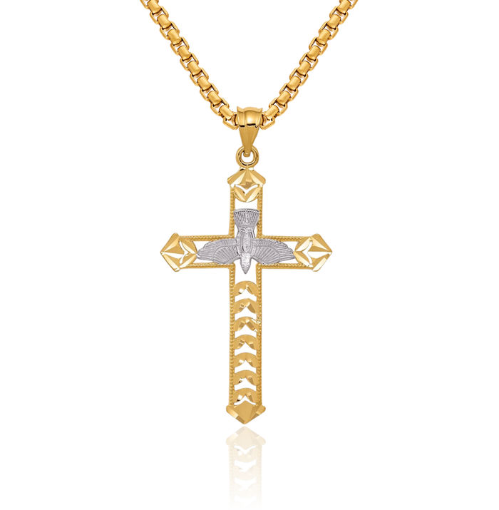 14K Solid Yellow Gold Dove Symbol Peace Love Holy Spirit Cross Necklace Religious Chain Pendant Jesus Christ Charm