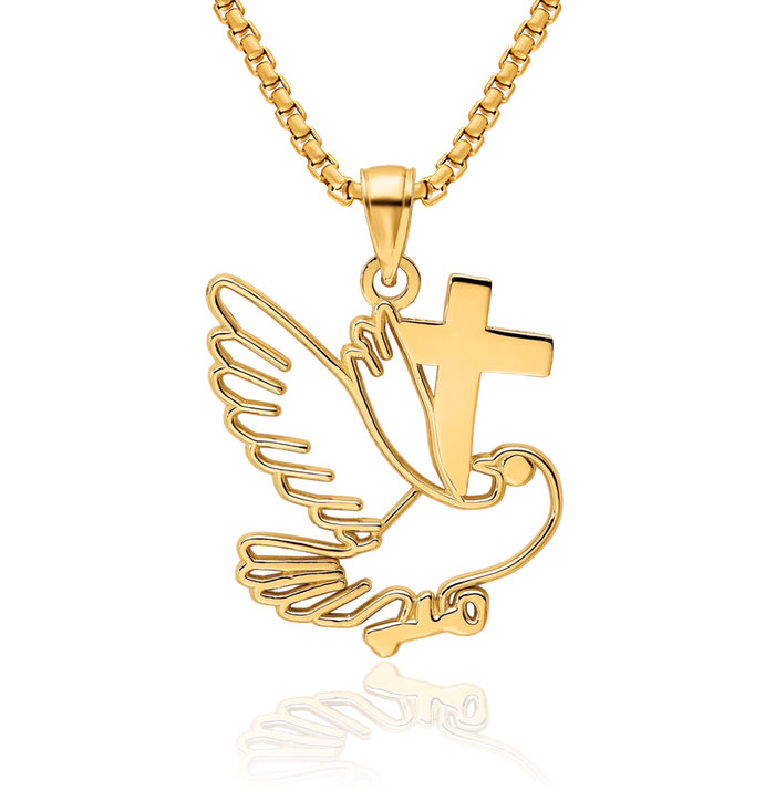 14K Solid Yellow Gold Dove Symbol Peace Love Holy Spirit Cross Necklace Religious Chain Pendant Jesus Christ Charm