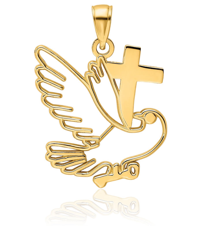 14K Solid Yellow Gold Dove Symbol Peace Love Holy Spirit Cross Necklace Religious Chain Pendant Jesus Christ Charm